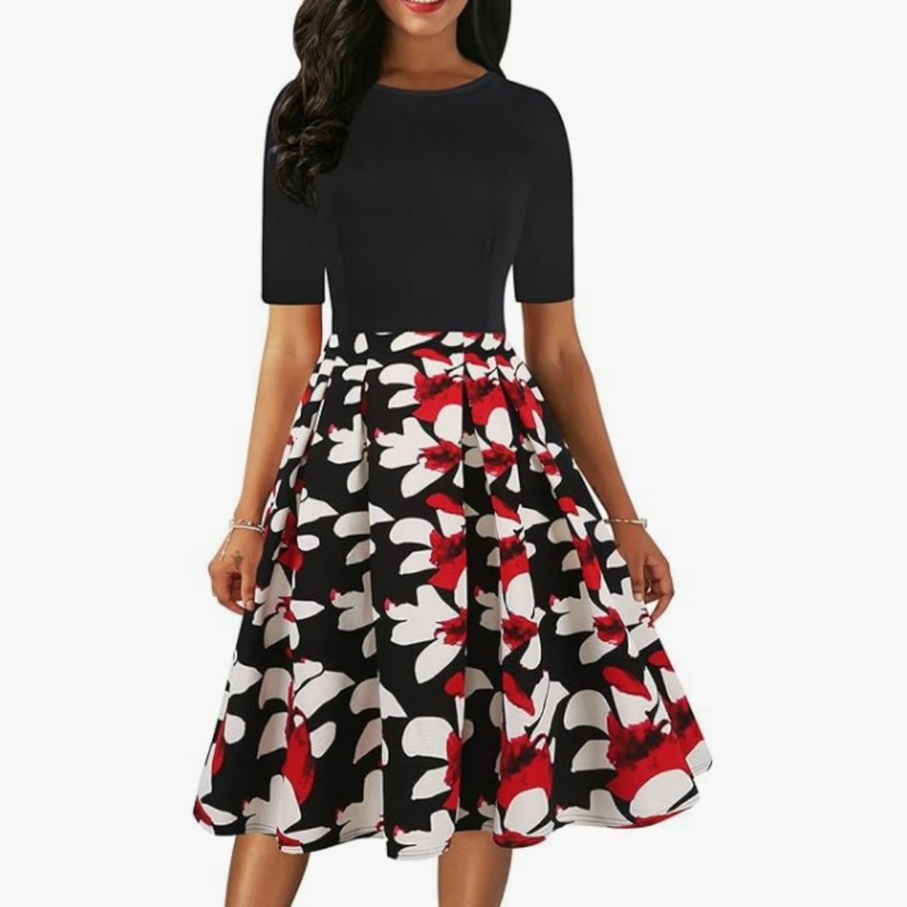 oxiuly Women's Elegant Floral Flare Knee Length Vintage Dress Evening Dinner Par
